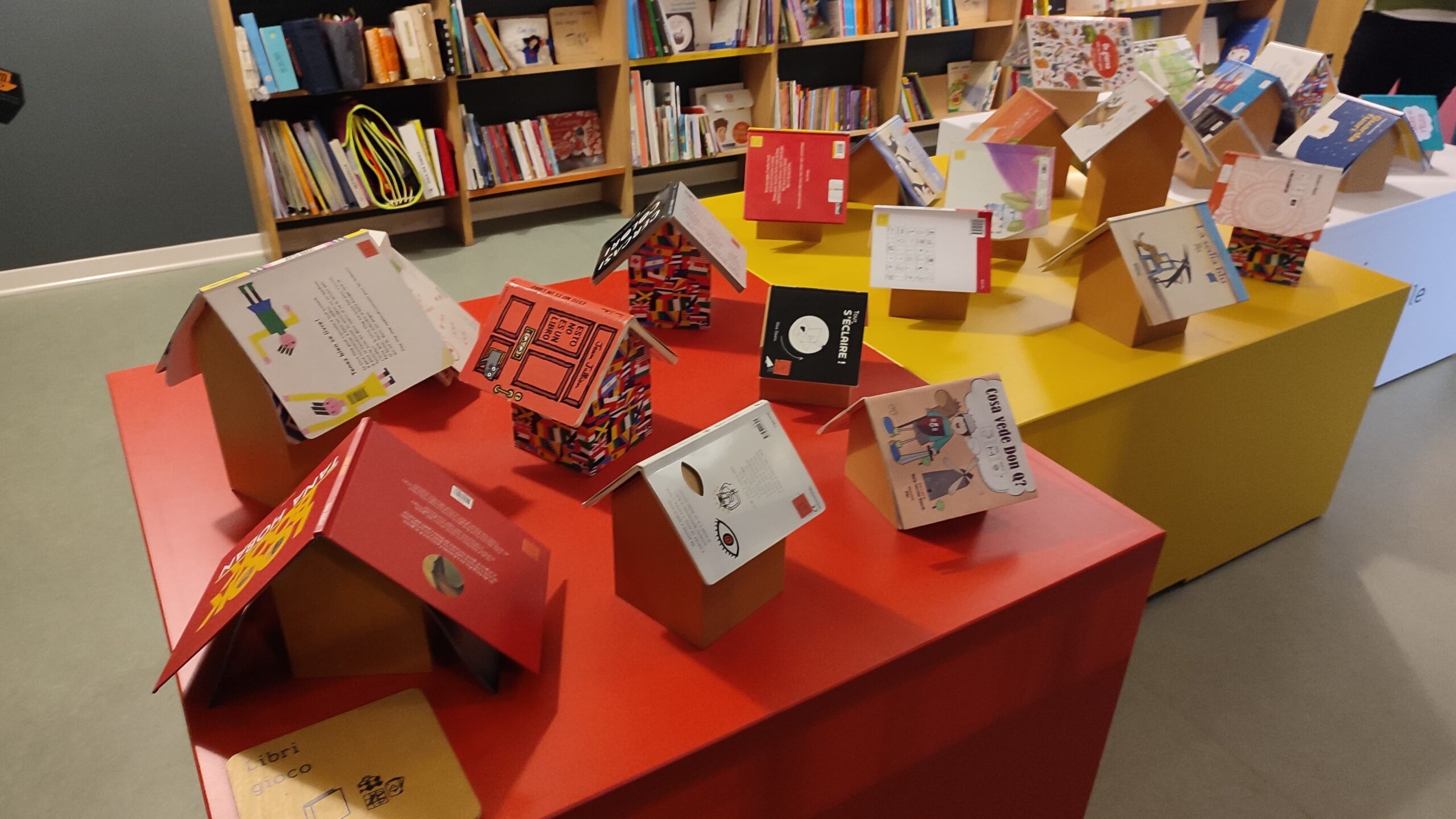 Libri accessibili di diverse forme e dimensioni posizionati su due tavoli
